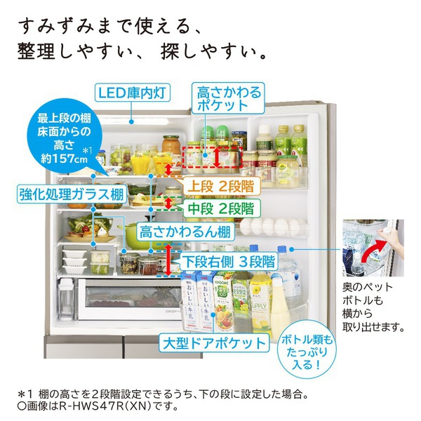 【標準設置対応付】日立 R-HWS47R-XN 冷蔵庫（470L・右開き） 5ドア クリスタルシャンパン